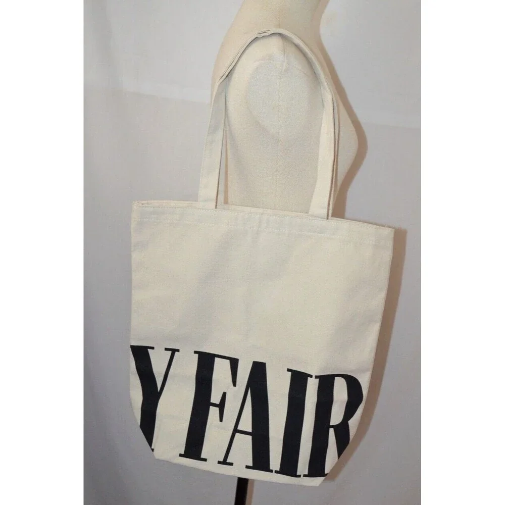VANITY FAIR Tote Book Bag Natural Canvas Double Handle Magazine Black Logo